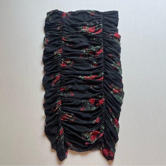 GANNI black mesh knit rose floral print ruched bodycon raw...